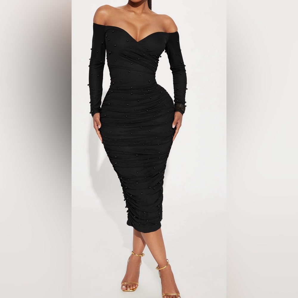 Black 
Midi Dress with Embellished Pearl Details